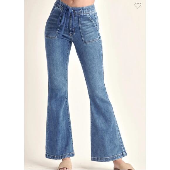 Risen Denim Mid Rise Flare Jeans With Drawstring and Front Pockets Blue 5 / 27 - Picture 1 of 13